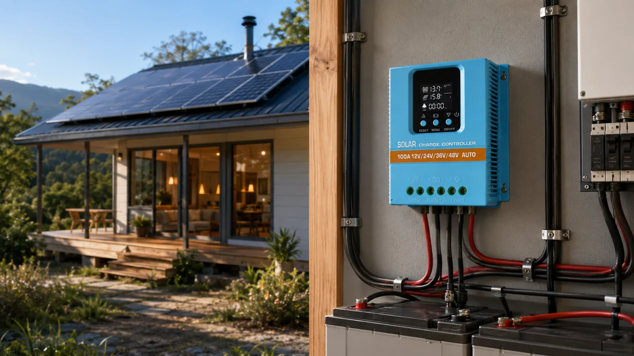 Residential off-grid home with rooftop solar panels
